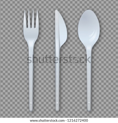 Realistic plastic cutlery set, fork, knife, spoon. Kitchen equipment used for eating or serving food. Vector 3D illustration