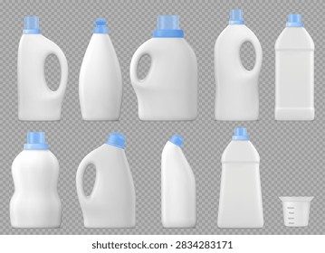 Realistic plastic detergent bottle mockups isolated on background. Vector illustration of blank 3D laundry product container, white package with blue cap for cleaning liquid, soap or softener