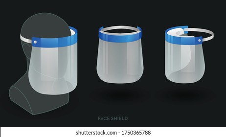 realistic plastic face shield front and side view, Medical face mask or shield. Coronavirus quarantine concept.