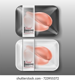 Realistic plastic food container mockup (product package). Vector illustration. Black and white containers food boxes with transparent film (wrapping)