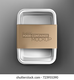 Realistic Plastic Food Container Mockup (product Package). Vector Illustration. White Container Food Box With Cardboard Label