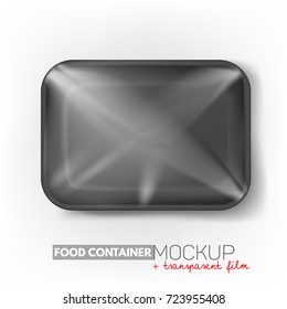 Realistic plastic food container mockup (product package). Vector illustration. Black container food box with transparent film (wrapping)