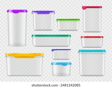 Realistic plastic food containers, transparent boxes vector mockups of 3d food packages with color lids. Clear plastic containers, round bucket, cup, jar and pot, rectangular lunchbox, bowl and box