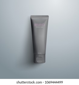 Realistic plastic gray tube template. Cosmetic or medicine product mockup.  Packaging for cream, foams, shampoo, gel. Top view. Stock vector illustration. 