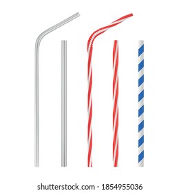 Realistic plastic and metal drinking straw set. Straight and bent cocktail tube with blue and red stripes. Vector mockup