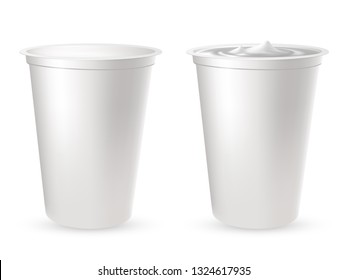 Realistic plastic packages for yogurt, dairy sour cream or mayonnaise. Empty and full plastic cup. Mockup of farm product on white background. Design for ad poster, promo banner of food.