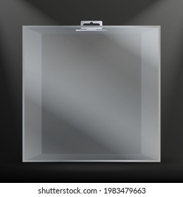 Realistic plastic packing box with hanging hole. Advertising Stage with realistic light. Vector illustration.