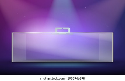 Realistic plastic packing box with hanging hole. Advertising Stage with realistic light.
