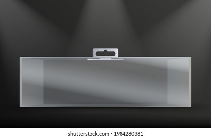 Realistic plastic packing box with hanging hole. Advertising Stage with realistic light. 