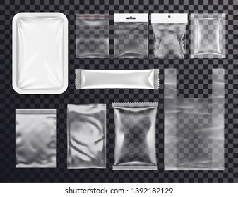 Realistic plastic pocket bag mockup. Sealed transparent polythene packs for food and shop goods. 3d sachet or blank zipped empty packs, food container. Template for product storage.