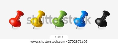Realistic plastic push pin set. Isolated 3D paper thumbtack. Colourful vector design elements