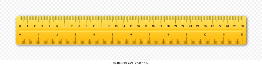 Realistic plastic ruler with measurement scale and divisions, measure marks. School ruler, centimeter and inch scale for length measuring. Office supplies. Vector illustration