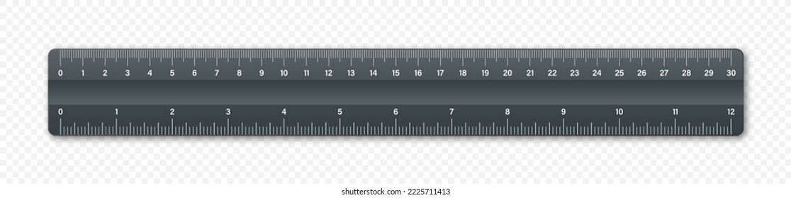 Realistic plastic ruler with measurement scale and divisions, measure marks. School ruler, centimeter and inch scale for length measuring. Office supplies. Vector illustration