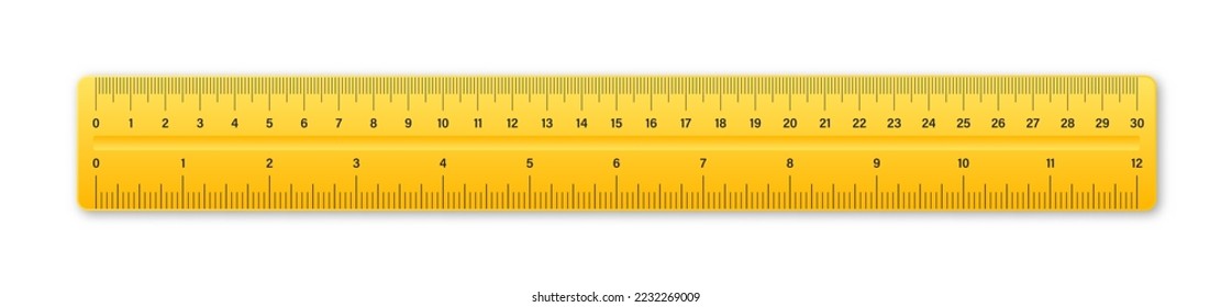 Realistic plastic ruler with measurement scale and divisions, measure marks. School ruler, centimeter and inch scale for length measuring. Office supplies. Vector illustration