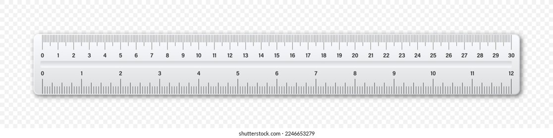Realistic plastic ruler with measurement scale and divisions, measure marks. School ruler, centimeter and inch scale for length measuring. Office supplies. Vector illustration