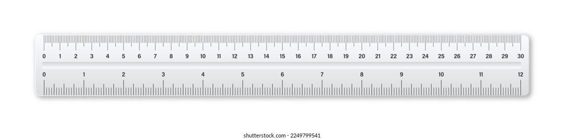 Realistic plastic ruler with measurement scale and divisions, measure marks. School ruler, centimeter and inch scale for length measuring. Office supplies. Vector illustration