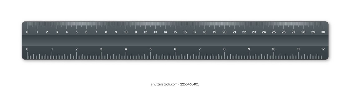 Realistic plastic ruler with measurement scale and divisions, measure marks. School ruler, centimeter and inch scale for length measuring. Office supplies. Vector illustration