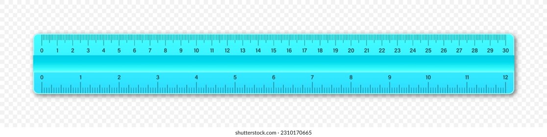 Realistic plastic ruler with measurement scale and divisions, measure marks. School ruler, centimeter and inch scale for length measuring. Office supplies. Vector illustration