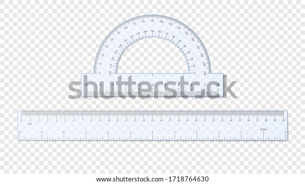 Realistic plastic\
ruler and protractor. Half circle plastic transparent protractor\
mockup. Cm and inches ruler. Vector illustration isolated on\
transparent\
background.
