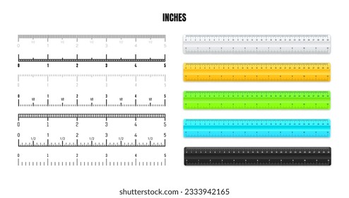 Realistic plastic rulers with black inch scale for measuring length or height. Various measurement scales with divisions. Ruler, tape measure marks, size indicators. Vector illustration