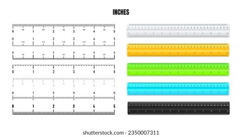 Realistic plastic rulers with black inch scale for measuring length or height. Various measurement scales with divisions. Ruler, tape measure marks, size indicators. Vector illustration