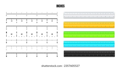 Realistic plastic rulers with black inch scale for measuring length or height. Various measurement scales with divisions. Ruler, tape measure marks, size indicators. Vector illustration