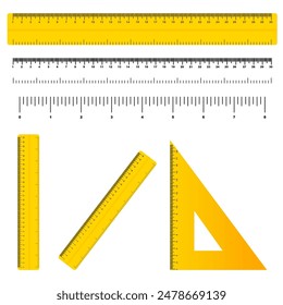 Realistic plastic rulers. Measuring scales with divisions. Scale for measuring length or height in centimeters, inches. Vector illustration