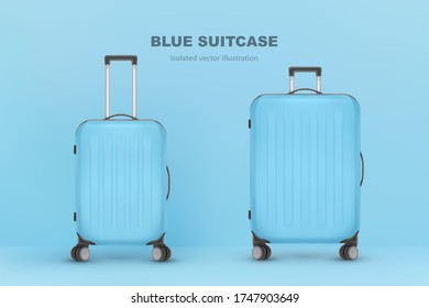 Realistic plastic suitcase. Red travel bag isolated on white background. Traveling banner template. Vector Illustration