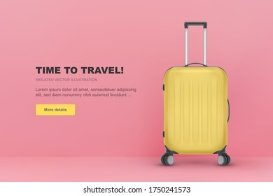 Realistic plastic suitcase. Red travel bag isolated on white background. Traveling banner template. Vector Illustration