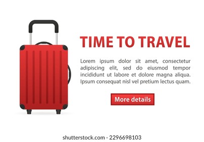 Realistic plastic suitcase. Red travel bag isolated on white background. Traveling banner template. Artistic design of a traveler's luggage. Vector illustration