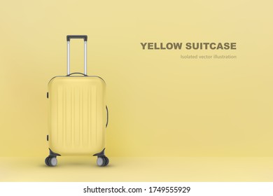 Realistic plastic suitcase. yellow travel bag isolated on white background. Traveling banner template. Vector Illustration
