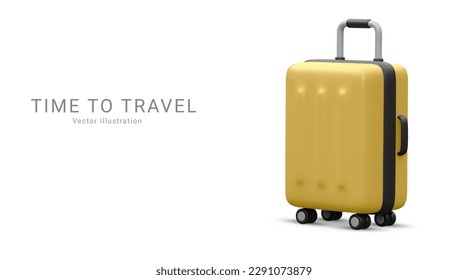 Realistic plastic suitcase. Yellow travel bag isolated on white background. Traveling banner template. 3 D Vector Illustration