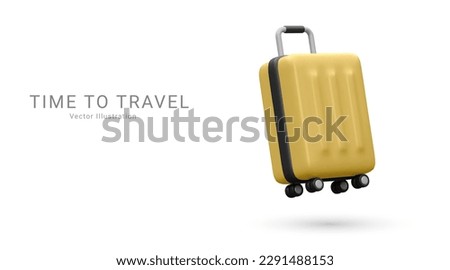 Realistic plastic suitcase. Yellow travel bag isolated on white background. Traveling banner template. 3 D Vector Illustration