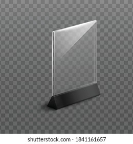 Realistic plastic table stand mockup for restaurant menu, information card display or promotional material isolated on transparent background - vector illustration.