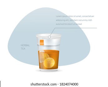 Realistic plastic transparent cup with hot fresh black tea with pyramidal tea bag and lemon infographic on a light background vector illustration