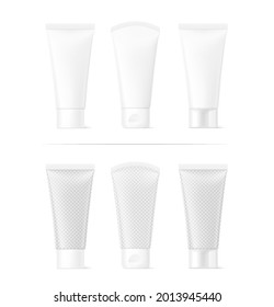 Realistic plastic tube mockups with different caps. Front view. Vector illustration isolated on white background. Can be use for your design, advertising, promo and etc. EPS10.	