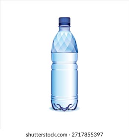 Botella de agua de plástico realista con tapa azul y etiqueta en blanco, hidratación, refresco y Ilustración vectorial de maqueta de empaquetado de bebidas saludables
