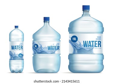 Realistic plastic water bottle packaging set with isolated images of branded transparent bottles of different size vector illustration