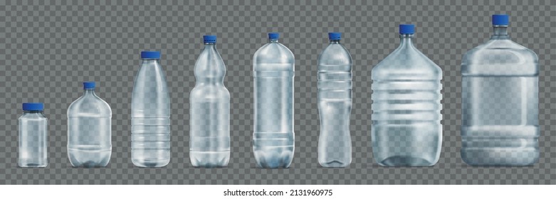 Realistic plastic water bottles set on transparent background with isolated mockups of different shape with caps vector illustration