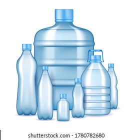 Realistic plastic water bottles, vector illustration. Pure drinking water packaging bottles of various sizes and shapes for cooler dispenser and retail.