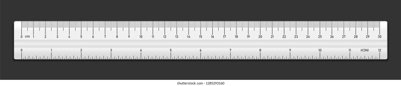 Realistic plastic white tape ruler isolated on black background. Double sided measurement in cm and inches. Vector illustration