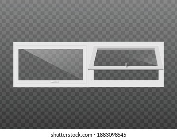 Realistic plastic window with transparent glass, white frame, adjustment handles and open sash. Vector 3D illustration isolated on a transparent background.