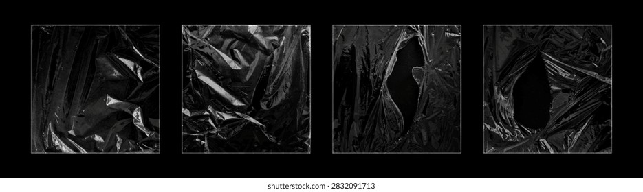 Realistic plastic wrap mockup isolated on black background. Vector illustration of transparent torn vinyl package with wrinkle texture overlay, glossy shrink film surface, old CD album cover design