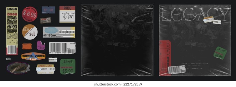 Superposición de ajuste de mangas plásticas realistas para el diseño de arte de portada del álbum con colección de pegatinas totalmente editables con código de barras falso y etiqueta de precio. Traducción: 