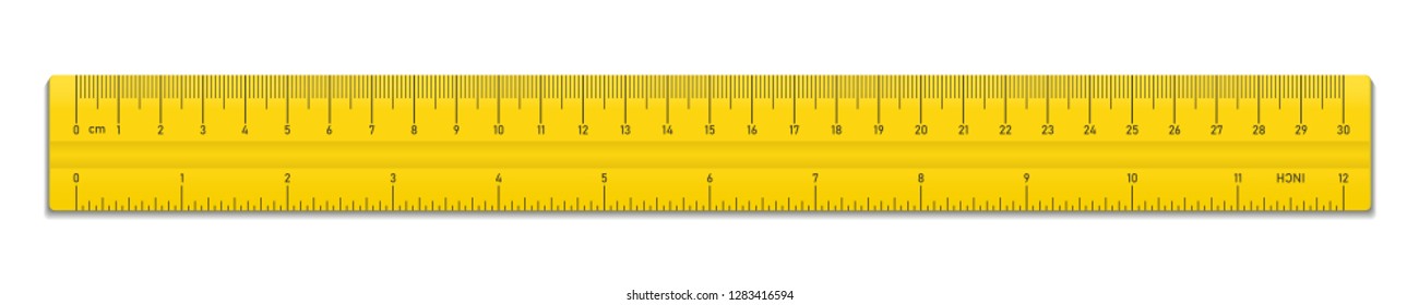 Realistic plastic yellow tape ruler isolated on white background. Double sided measurement in cm and inches. Vector illustration