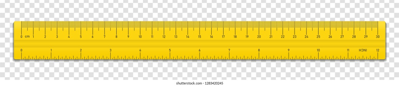 Realistischer, gelber Plastikband-Lineal einzeln auf transparentem Hintergrund. Doppelseitige Messung in cm und Zoll. Vektorgrafik
