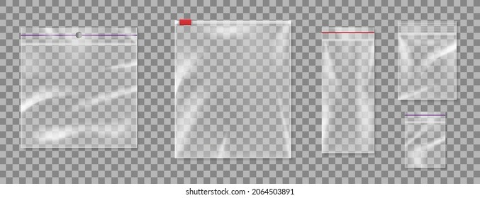 Realistic plastic zipper bag mockup set isolated on transparent background. Blank packaging empty sealed container for food storage. 3d vector illustration