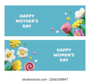 Realistic plasticine flowers on Happy womens day and mothers day posters set. 3D clay texture beautiful tulip, chamomile, daffodil. Dough craft sculpting creation. Vector spring blossom floral design