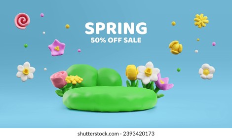 Realistische Plastikblumen auf dem Rasen. Frühjahrsverkauf 50 off Landing Page mit 3D Ton Textur schöne Tulpe, Kamille, Daffodil mit Blättern. Vektor-Teig-Modellierung Blosom Werbedesign