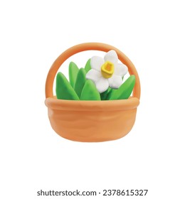 Realistic plasticine narcissus with leaves in basket. 3D clay texture beautiful jonquil flower. Modeling creation, handmade craft sculpting. Vector dough blossom floral design for Happy Easter holiday